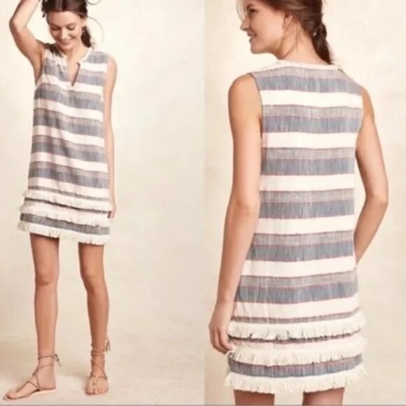 Anthropologie Holding Horses Stripe Cream Blue Fringe Shift Dress Size 4 - Picture 1 of 14